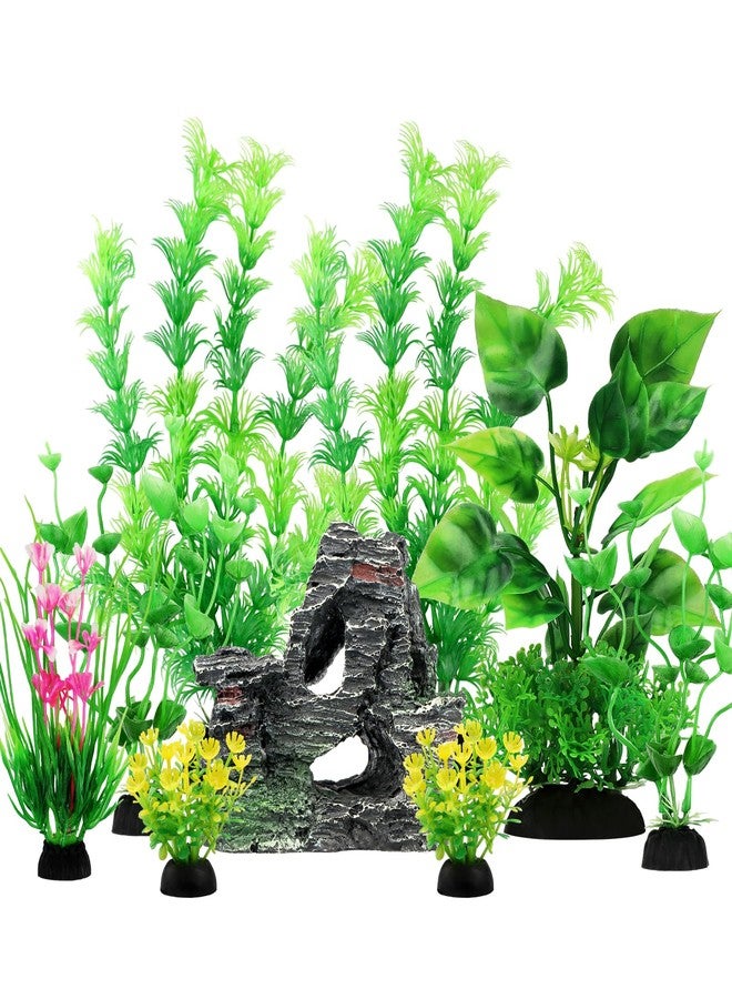 مجموعة نباتات اصطناعية لتزيين أحواض السمك من كوزو، 9 قطع من نباتات الزينة الخضراء وصخور الكهوف، نباتات بلاستيكية لتزيين أحواض السمك - Image 1